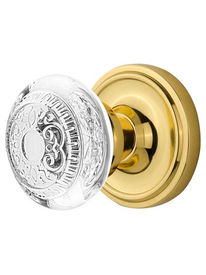 Classic Rosette Door Set with Egg and Dart Crystal-Glass Knobs in Polished Brass.